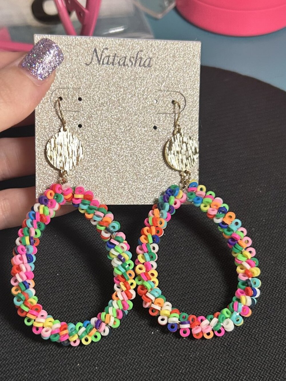 Natasha Multicolor Vinyl Disc Teardrop Earrings Gold Tone NWT